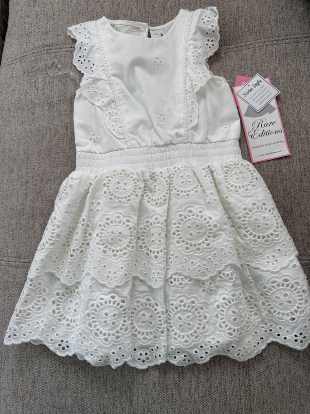 Rare Editions White Eyelet Tiered Dress with Flutter Sleeves